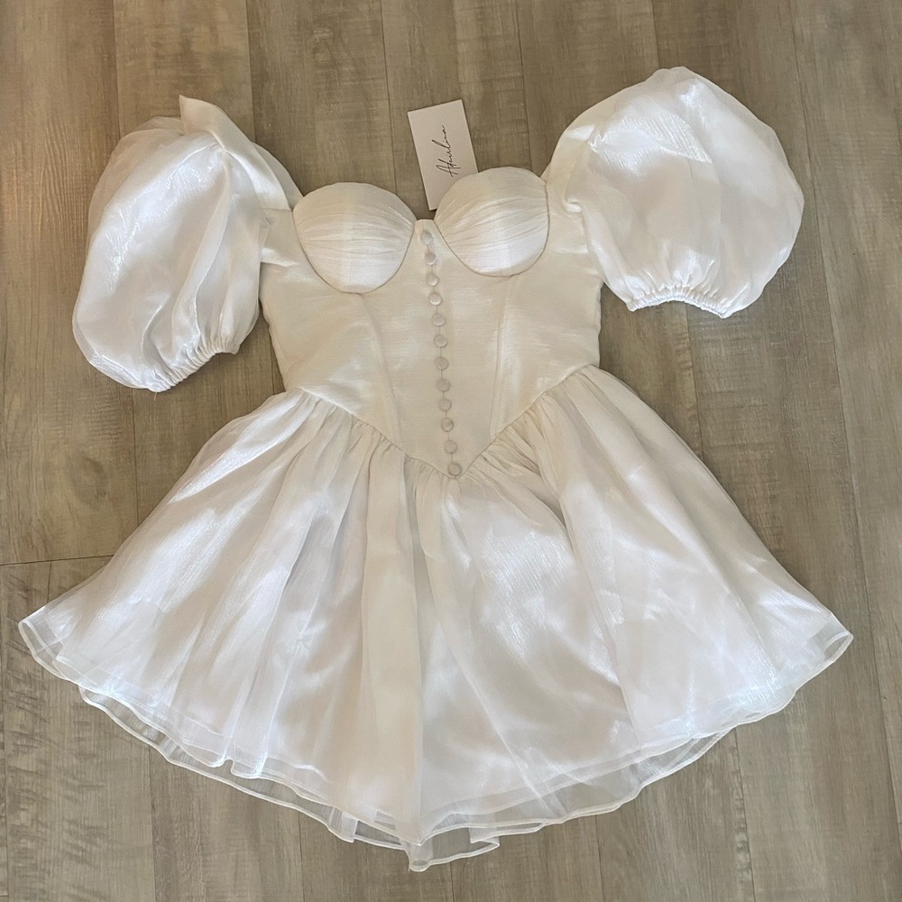 Adeirlina white mini dress, perfect for elopement, engagement, or bridal shower